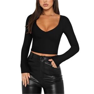 NWOT, Large REORIA Women's Basic Sexy V Neck Long Sleeve Slim Fitted Cro…